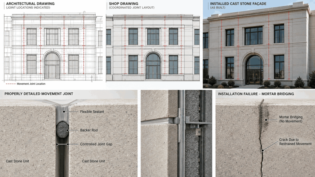 Cast-stone-joint-detailing-showing-architectural-and-shop-drawings_-installed-facade_-proper-movement-joint-with-sealant-and-backer-rod-and-mortar-bridging-causing-cracking
